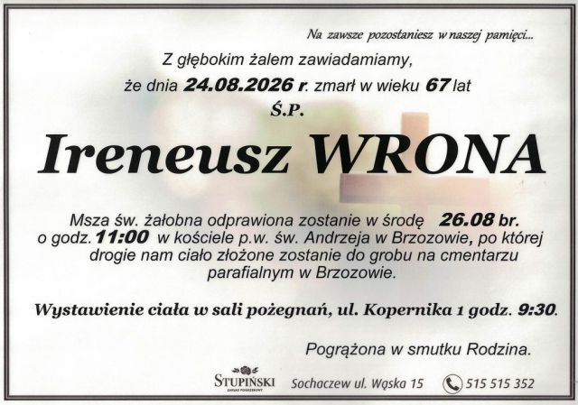 Nekrolog Zakład Pogrzebowy Stupiński Sochaczew - Ireneusz Wrona