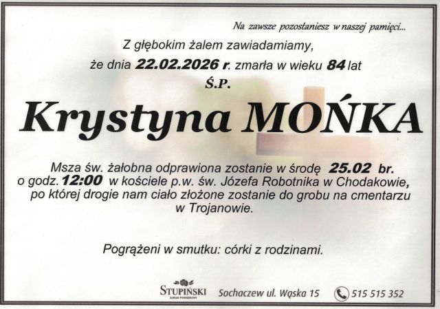 Nekrolog Zakład Pogrzebowy Stupiński Sochaczew - Krystyna Mońka