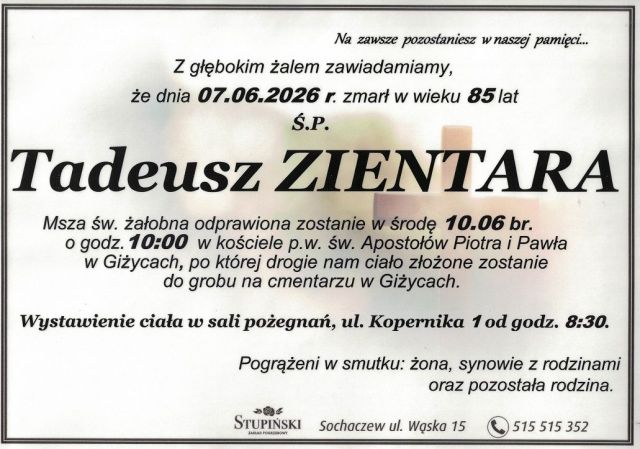 Nekrolog Zakład Pogrzebowy Stupiński Sochaczew - Tadeusz Zientara