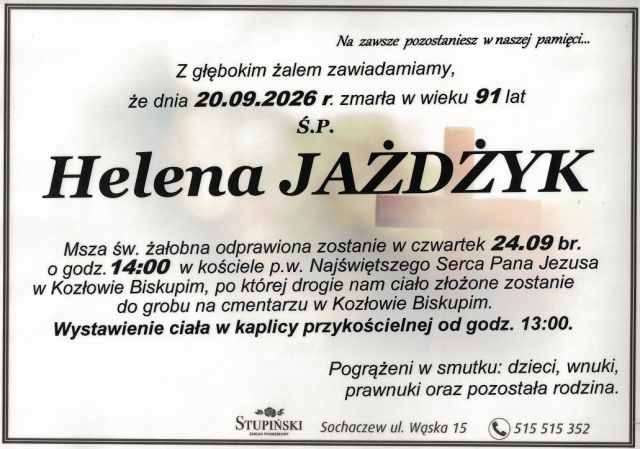 Nekrolog Zakład Pogrzebowy Stupiński Sochaczew - Helena Jażdżyk