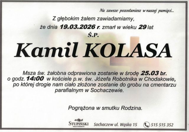 Nekrolog Zakład Pogrzebowy Stupiński Sochaczew - Kamil Kolasa