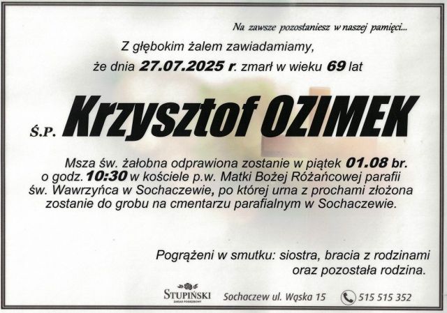 Nekrolog Zakład Pogrzebowy Stupiński Sochaczew - Krzysztof Ozimek