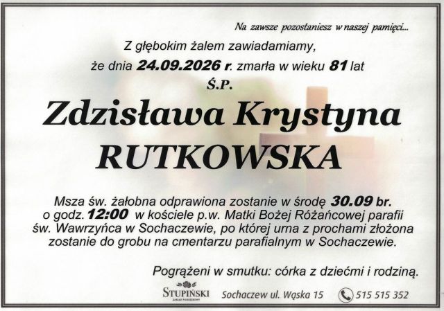 Nekrolog Zakład Pogrzebowy Stupiński Sochaczew - Zdzisława Rutkowska