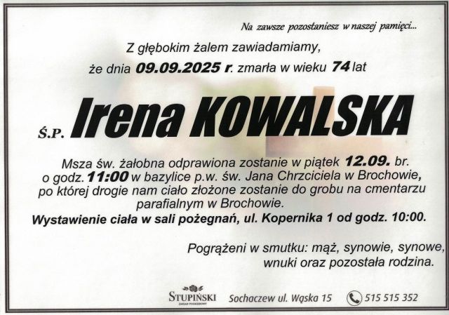 Nekrolog Zakład Pogrzebowy Stupiński Sochaczew - Irena Kowalska