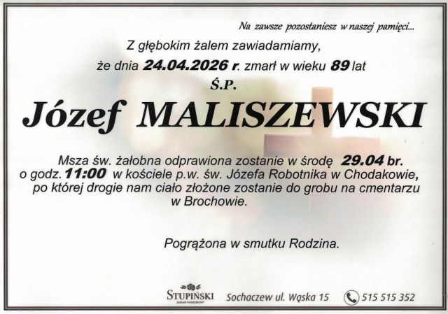 Nekrolog Zakład Pogrzebowy Stupiński Sochaczew - Józef Maliszewski