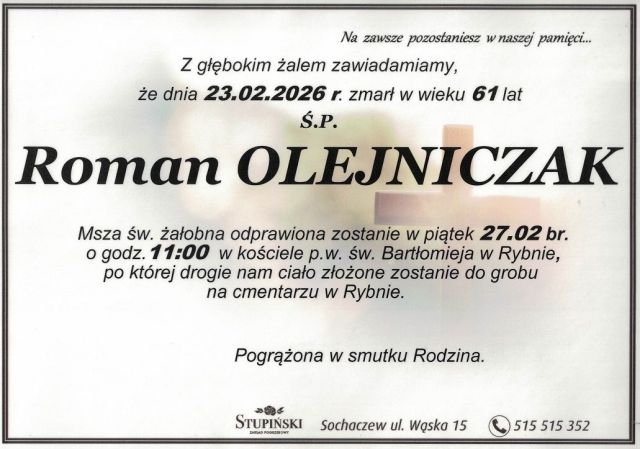 Nekrolog Zakład Pogrzebowy Stupiński Sochaczew - Roman Olejniczak