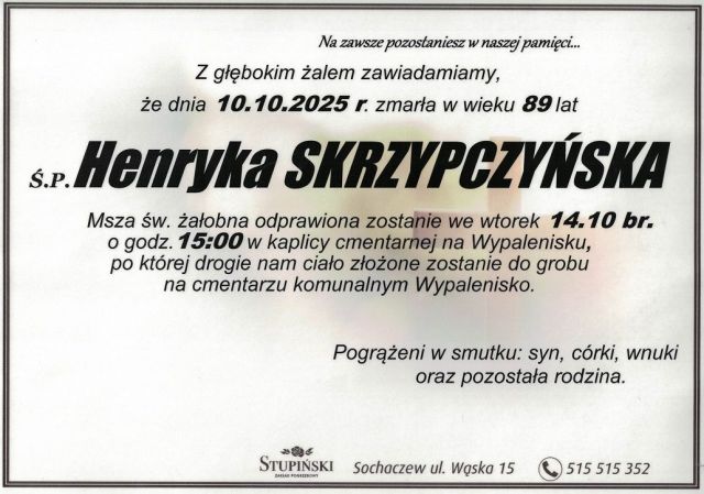 Nekrolog Zakład Pogrzebowy Stupiński Sochaczew - Henryka Skrzypczyńska