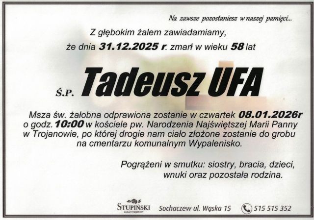 Nekrolog Zakład Pogrzebowy Stupiński Sochaczew - Tadeusz Ufa
