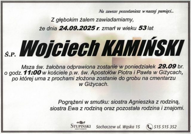 Nekrolog Zakład Pogrzebowy Stupiński Sochaczew - Wojciech Kamiński