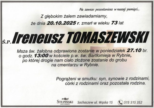 Nekrolog Zakład Pogrzebowy Stupiński Sochaczew - Ireneusz Tomaszewski