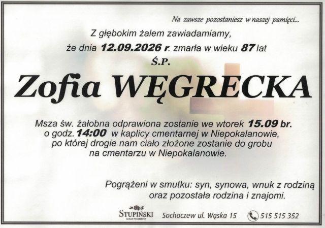Nekrolog Zakład Pogrzebowy Stupiński Sochaczew - Zofia Węgrecka