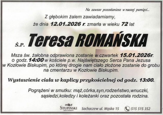Nekrolog Zakład Pogrzebowy Stupiński Sochaczew - Teresa Romańska