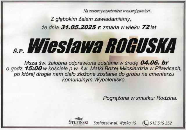 Nekrolog Zakład Pogrzebowy Stupiński Sochaczew - Wiesława Roguska
