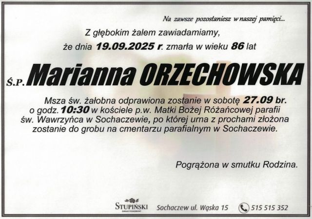 Nekrolog Zakład Pogrzebowy Stupiński Sochaczew - Marianna Orzechowska
