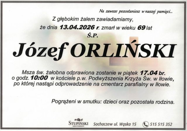 Nekrolog Zakład Pogrzebowy Stupiński Sochaczew - Józef Orliński