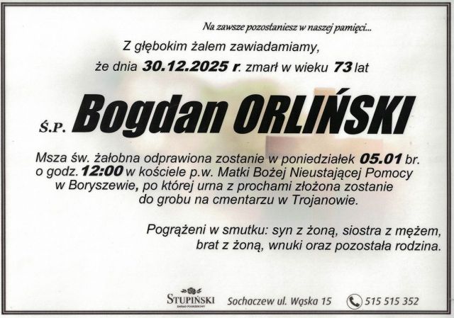 Nekrolog Zakład Pogrzebowy Stupiński Sochaczew - Bogdan Orliński