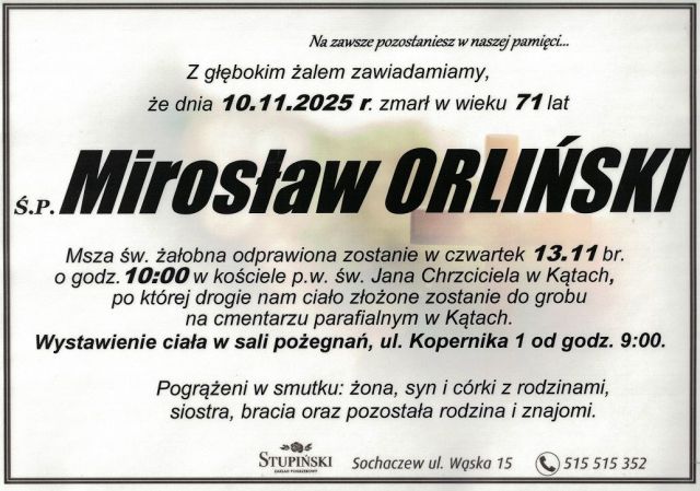 Nekrolog Zakład Pogrzebowy Stupiński Sochaczew - Mirosław Orliński