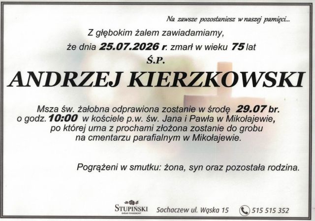 Nekrolog Zakład Pogrzebowy Stupiński Sochaczew - Andrzej Kierzkowski