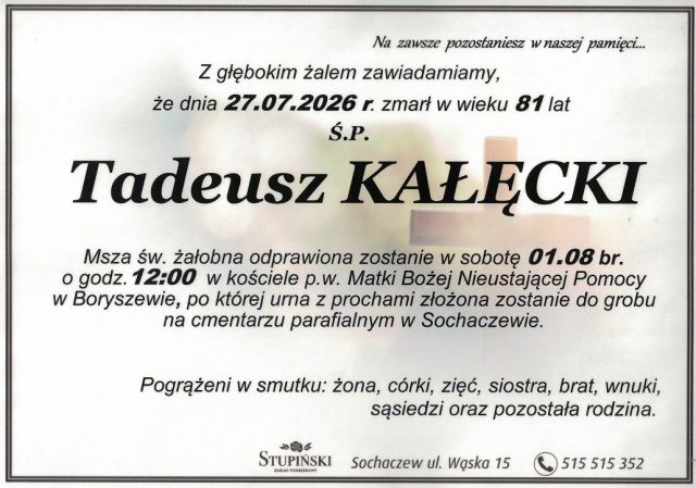 Nekrolog Zakład Pogrzebowy Stupiński Sochaczew - Tadeusz Kałęcki