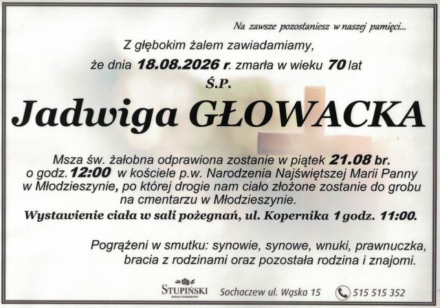 Nekrolog Zakład Pogrzebowy Stupiński Sochaczew - Jadwiga Głowacka