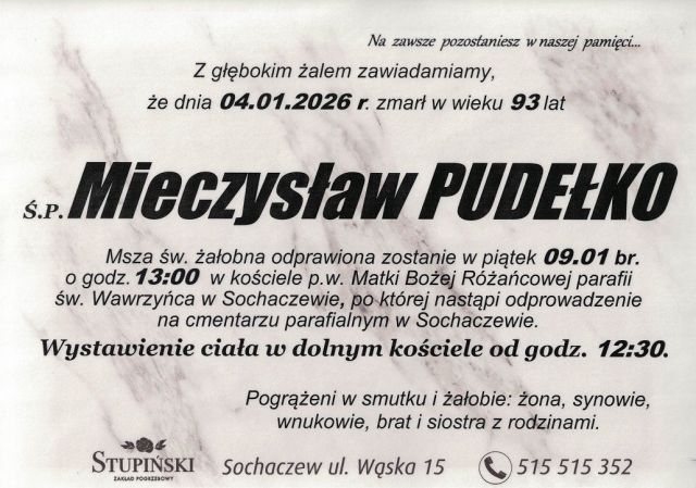 Nekrolog Zakład Pogrzebowy Stupiński Sochaczew - Mieczysław Pudełko