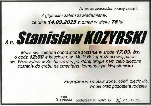 Nekrolog Zakład Pogrzebowy Stupiński Sochaczew - Stanisław Kozyrski