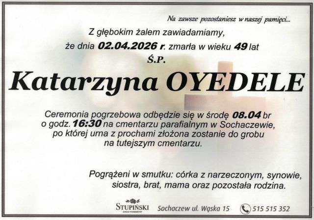 Nekrolog Zakład Pogrzebowy Stupiński Sochaczew - Katarzyna Oyedele