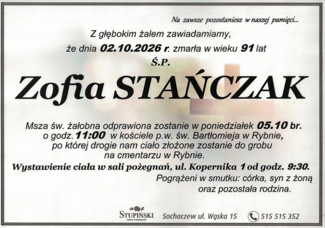 Nekrolog Zakład Pogrzebowy Stupiński Sochaczew - Zofia Stańczak