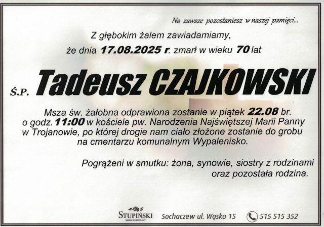 Nekrolog Zakład Pogrzebowy Stupiński Sochaczew - Tadeusz Czajkowski