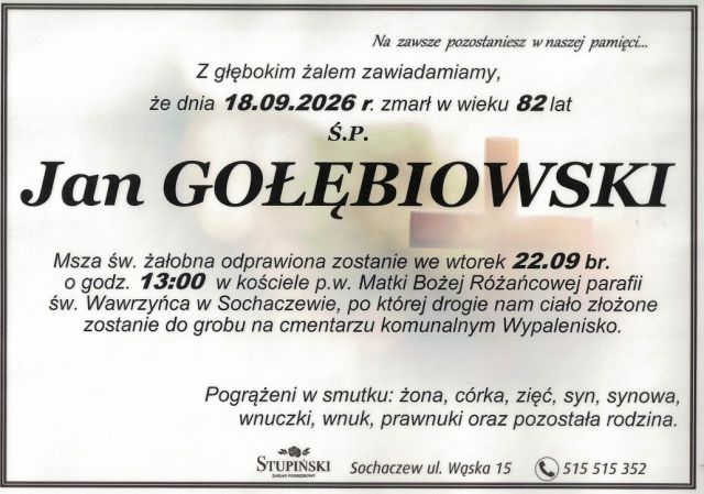 Nekrolog Zakład Pogrzebowy Stupiński Sochaczew - Jan Gołębiowski