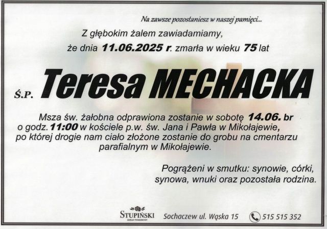 Nekrolog Zakład Pogrzebowy Stupiński Sochaczew - Teresa Mechacka