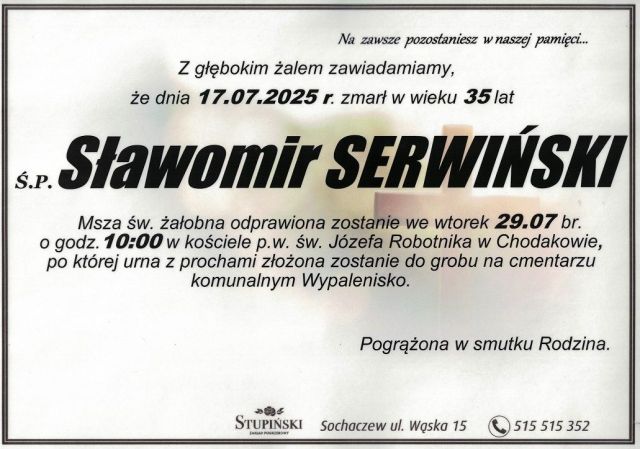 Nekrolog Zakład Pogrzebowy Stupiński Sochaczew - Sławomir Serwiński