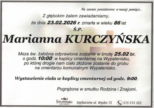 Nekrolog Zakład Pogrzebowy Stupiński Sochaczew - Marianna Kurczyńska