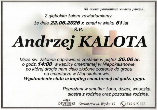 Nekrolog Zakład Pogrzebowy Stupiński Sochaczew - Andrzej Kalota