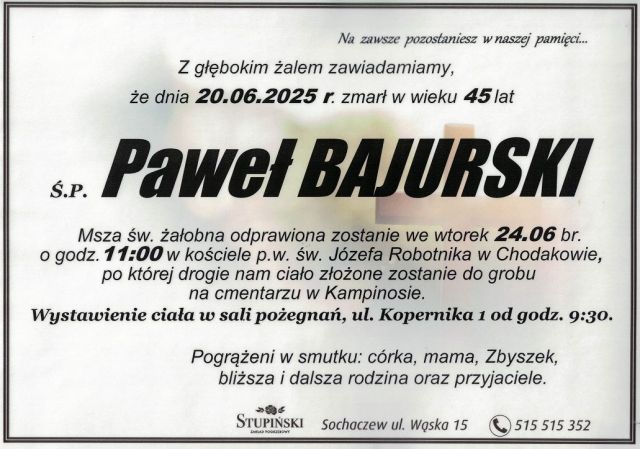 Nekrolog Zakład Pogrzebowy Stupiński Sochaczew - Paweł Bajurski