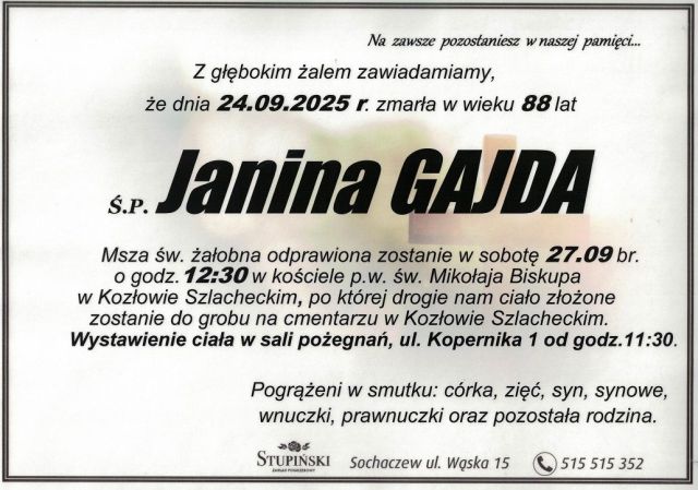 Nekrolog Zakład Pogrzebowy Stupiński Sochaczew - Janina Gajda