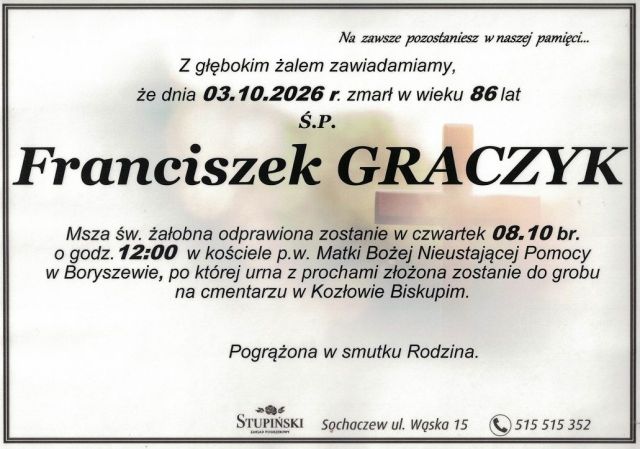 Nekrolog Zakład Pogrzebowy Stupiński Sochaczew - Franciszek Graczyk