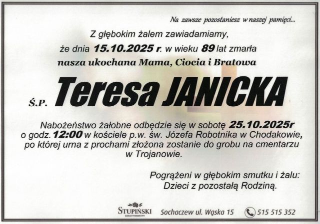 Nekrolog Zakład Pogrzebowy Stupiński Sochaczew - Teresa Janicka