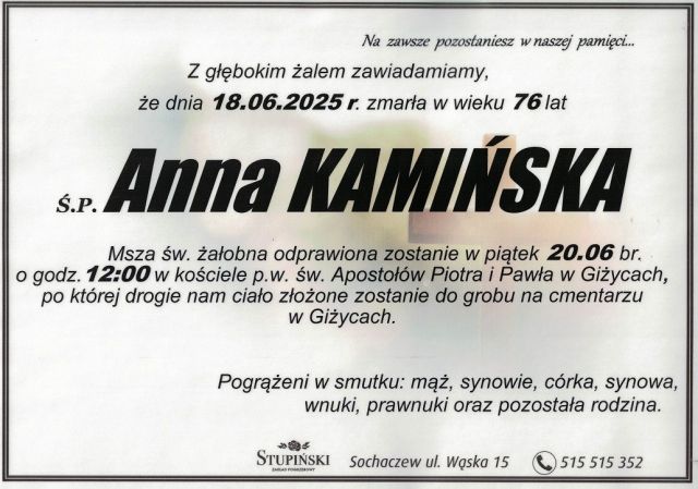 Nekrolog Zakład Pogrzebowy Stupiński Sochaczew - Anna Kamińska