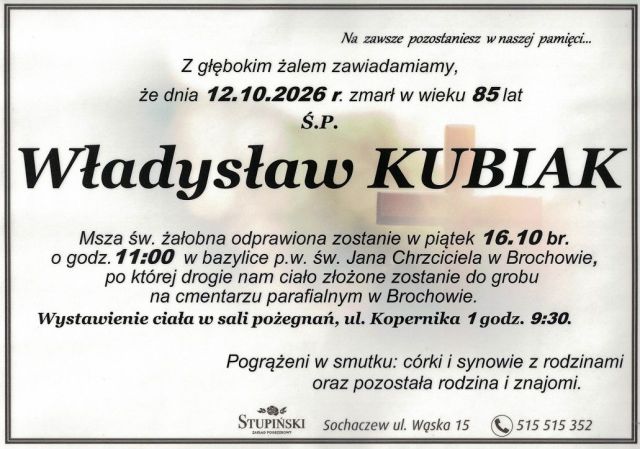Nekrolog Zakład Pogrzebowy Stupiński Sochaczew - Władysław Kubiak