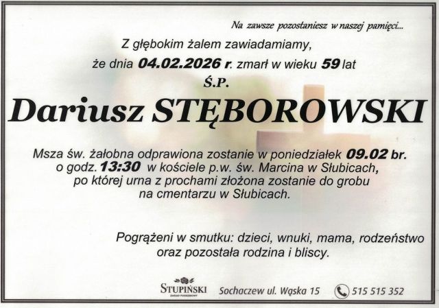 Nekrolog Zakład Pogrzebowy Stupiński Sochaczew - Dariusz Stęborowski