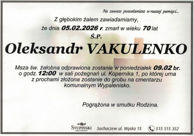 Nekrolog Zakład Pogrzebowy Stupiński Sochaczew - Oleksandr Vakulenko