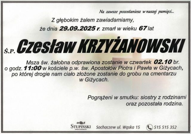 Nekrolog Zakład Pogrzebowy Stupiński Sochaczew - Czesław Krzyżanowski