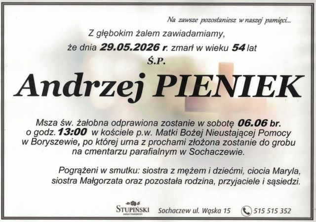 Nekrolog Zakład Pogrzebowy Stupiński Sochaczew - Andrzej Pieniek