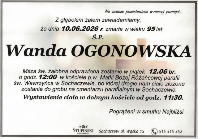 Nekrolog Zakład Pogrzebowy Stupiński Sochaczew - Wanda Ogonowska