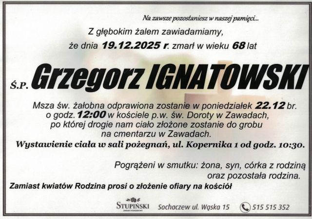 Nekrolog Zakład Pogrzebowy Stupiński Sochaczew - Grzegorz Ignatowski