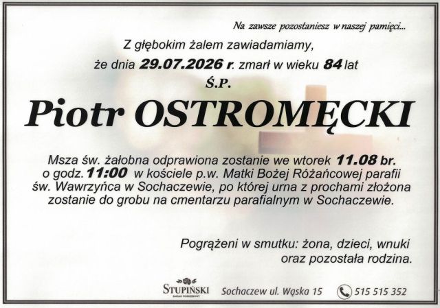 Nekrolog Zakład Pogrzebowy Stupiński Sochaczew - Piotr Ostromęcki