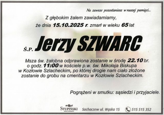 Nekrolog Zakład Pogrzebowy Stupiński Sochaczew - Jerzy Szwarc
