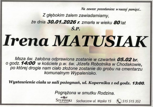 Nekrolog Zakład Pogrzebowy Stupiński Sochaczew - Irena Matusiak