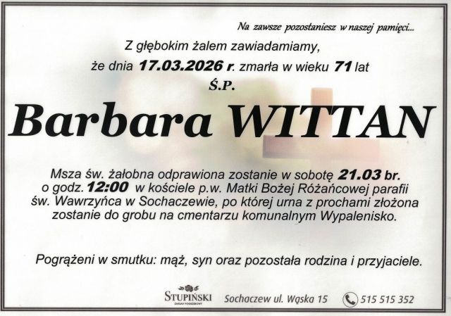 Nekrolog Zakład Pogrzebowy Stupiński Sochaczew - Barbara Wittan